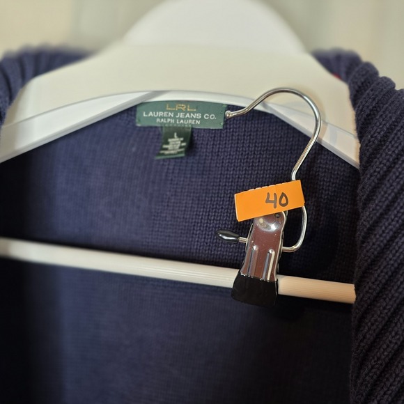 Ralph Lauren Navy Blue Full Zip Cardigan Sailor Collar Ribbed Sweater Sz Large - Picture 9 of 9